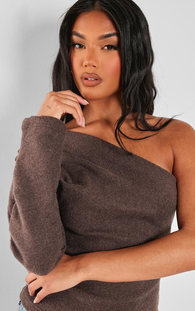 Chocolate Brushed Rib Asymmetric Shoulder Long Top Product Image