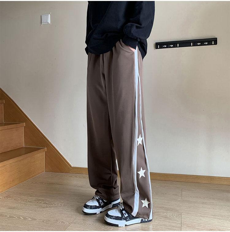 Drawstring Waist Star Print Panel Straight Leg Pants Product Image