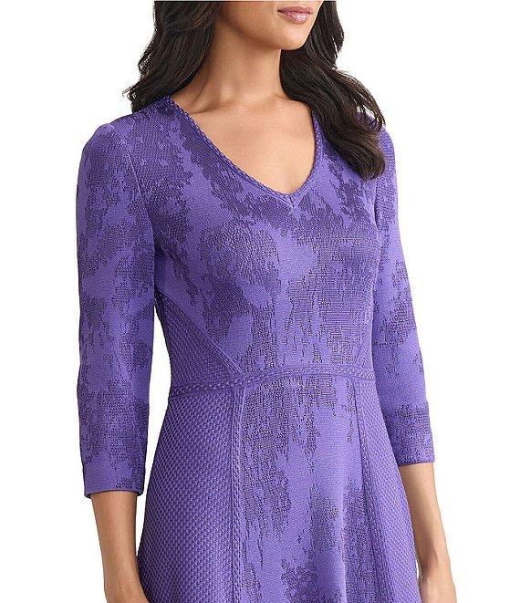 MISOOK Knit Jacquard V-Neck 3/4 Sleeve A-Line Tonal Dress Product Image