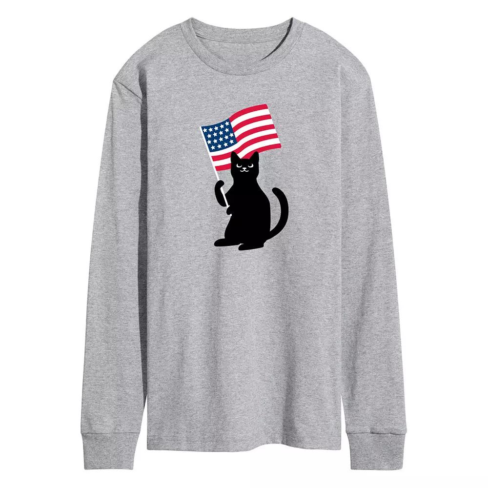 Men's Black Cat With Flag Long Sleeve Graphic Tee.,  Product Image