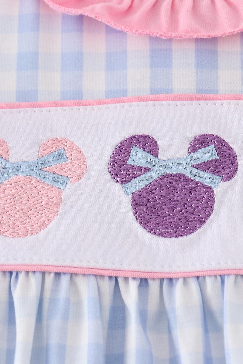 Blue character embroidery gingham ruffle dress Product Image