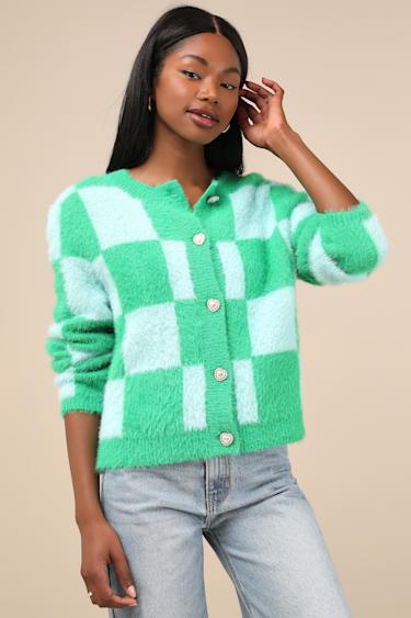 Cherished Crush Green and Blue Checkered Eyelash Knit Cardigan Product Image