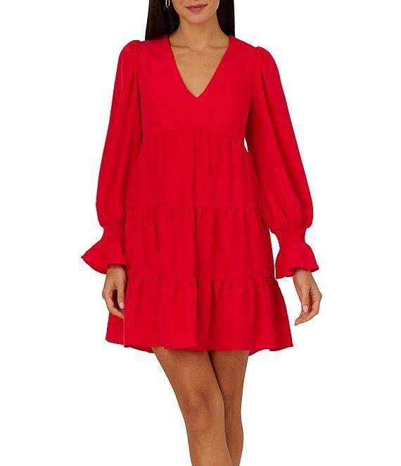 Adrianna by Adrianna Papell V Neck Long Sleeve Tiered A-Line Mini Dress Product Image