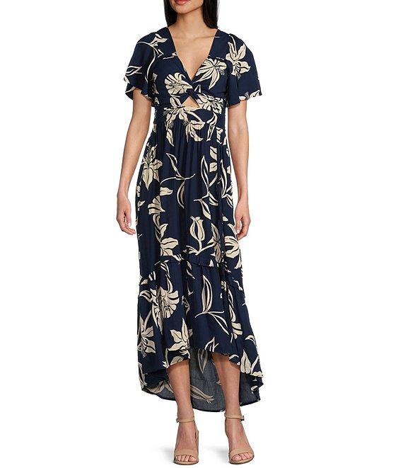 Angie Floral Print V-Neck Short Sleeve Knot Front Keyhole Front Slit Maxi Dress Product Image