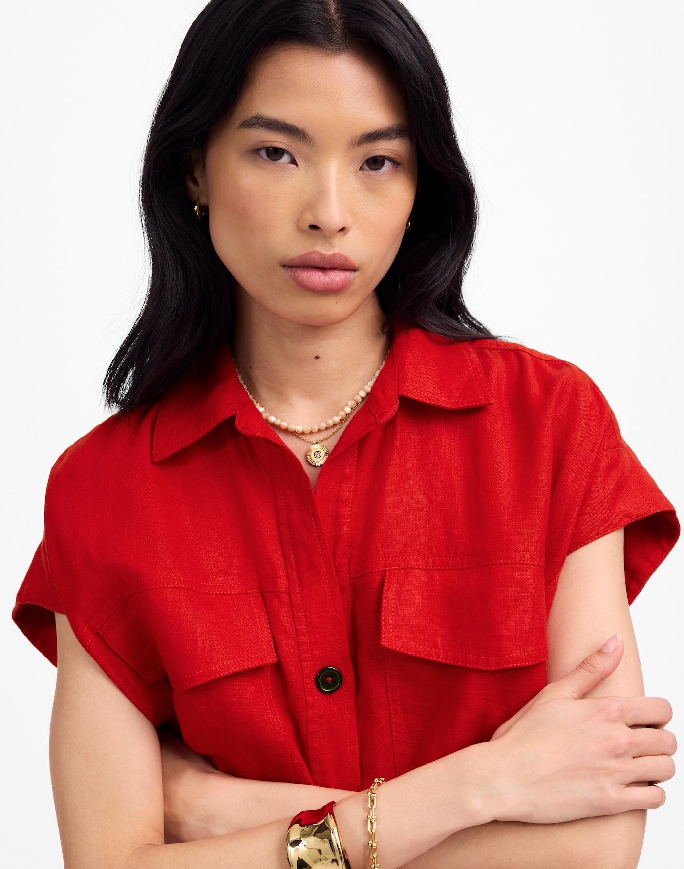 Utility Short-Sleeve Mini Shirtdress in 100% Linen Product Image