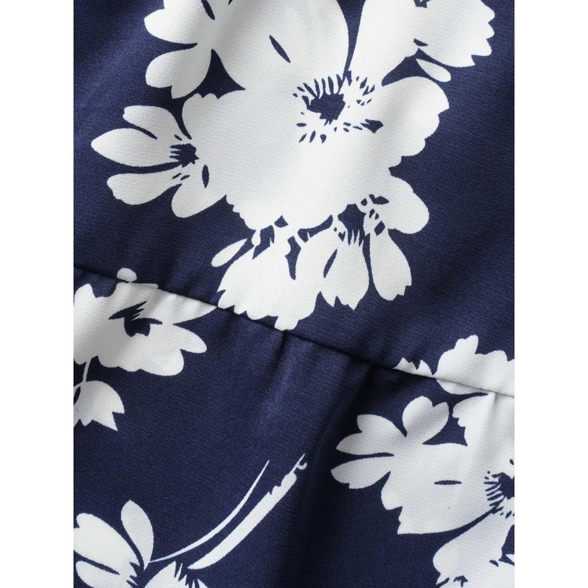 Plus Size Indigo Silhouette Floral Print Surplice Neck Blouse Women Elegant Short sleeve Heart neckline Everyday Blouses BloomChic 28/5X Product Image