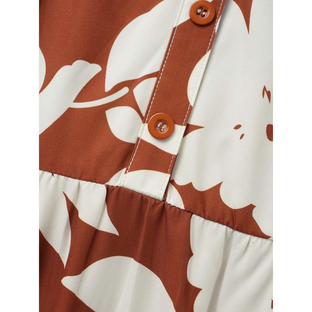 Plus Size Silhouette Floral Print Button Detail Midi Dress Russet Women Elegant Button Shirt collar Short sleeve Curvy BloomChic 26/4X Product Image
