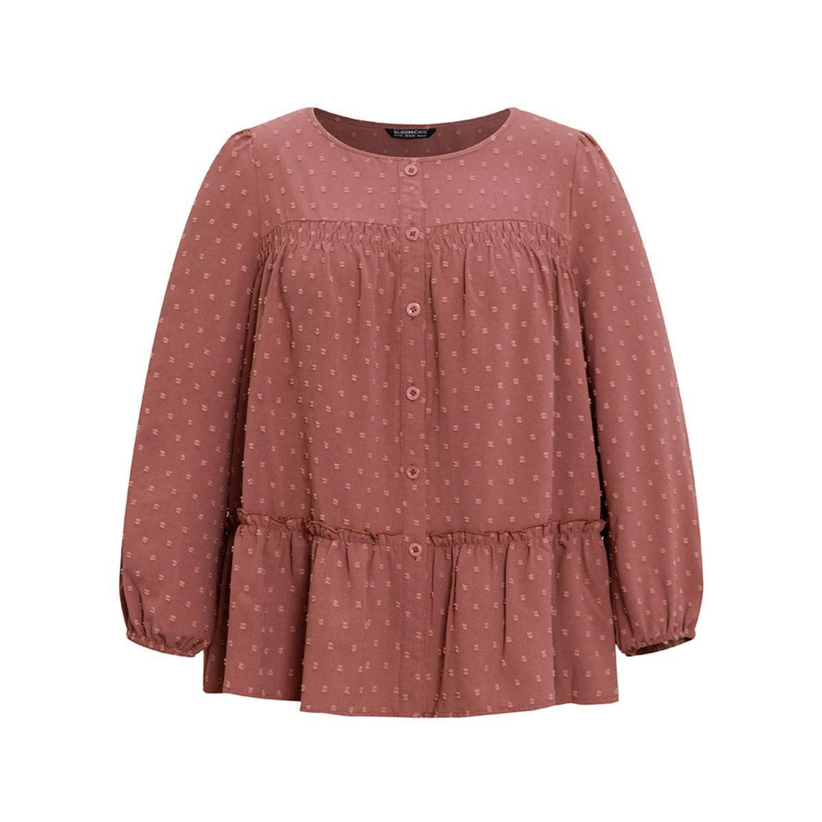 Plus Size Rust Textured Lantern Sleeve Gathered Frill Trim Blouse Women Casual Long Sleeve Round Neck Vacation Blouses BloomChic 28/5X Product Image