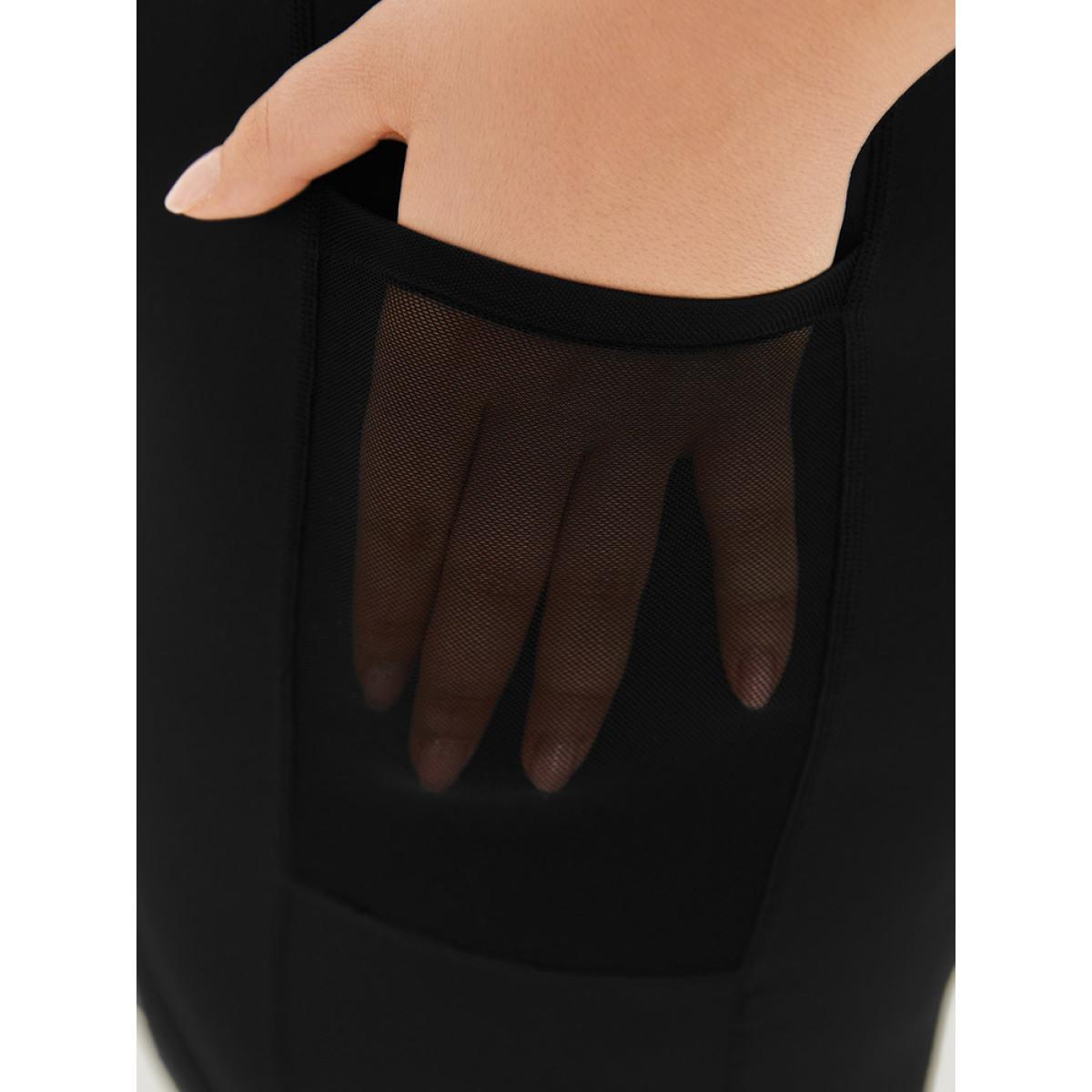 Plus Size Plain Patchwork Pocket Wideband Waist Leggings Women Black Casual High stretch High Rise Dailywear Leggings BloomChic 22-24/3X Product Image