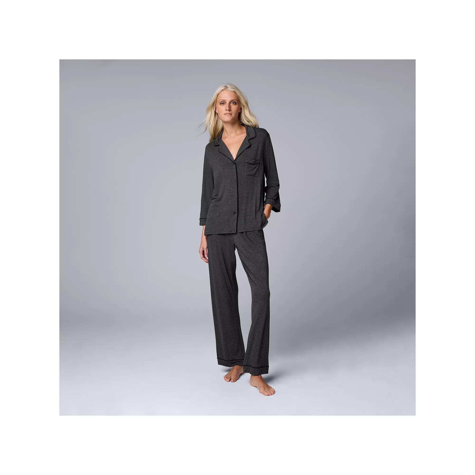 Women's Simply Vera Vera Wang Basic Luxury ¾ Sleeve Pajama Shirt & Pants Sleep Set,  Product Image