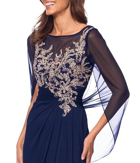 Betsy & Adam Petite Size Boat Neck Cap Sleeve Drape Back Chiffon Applique Sheath Gown Product Image