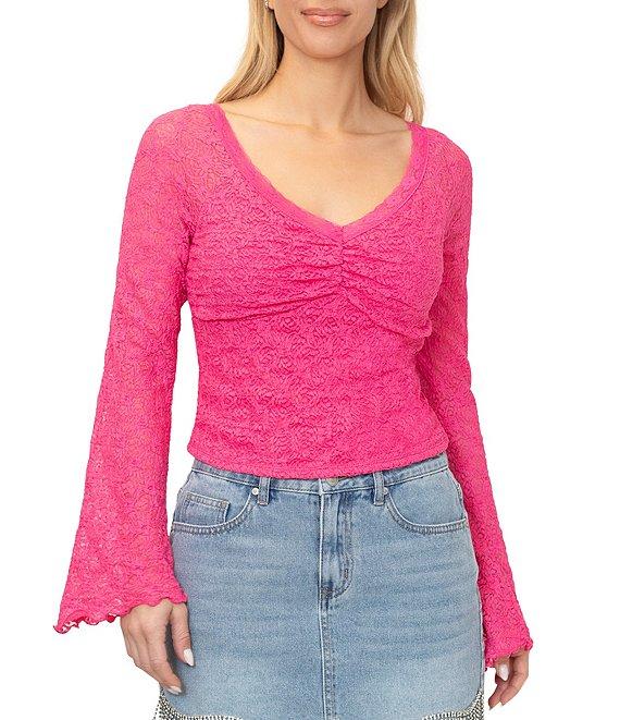 Stevie by Steve Madden Textured Stretch Lace V-Neck Long Bell Sleeve Top Product Image