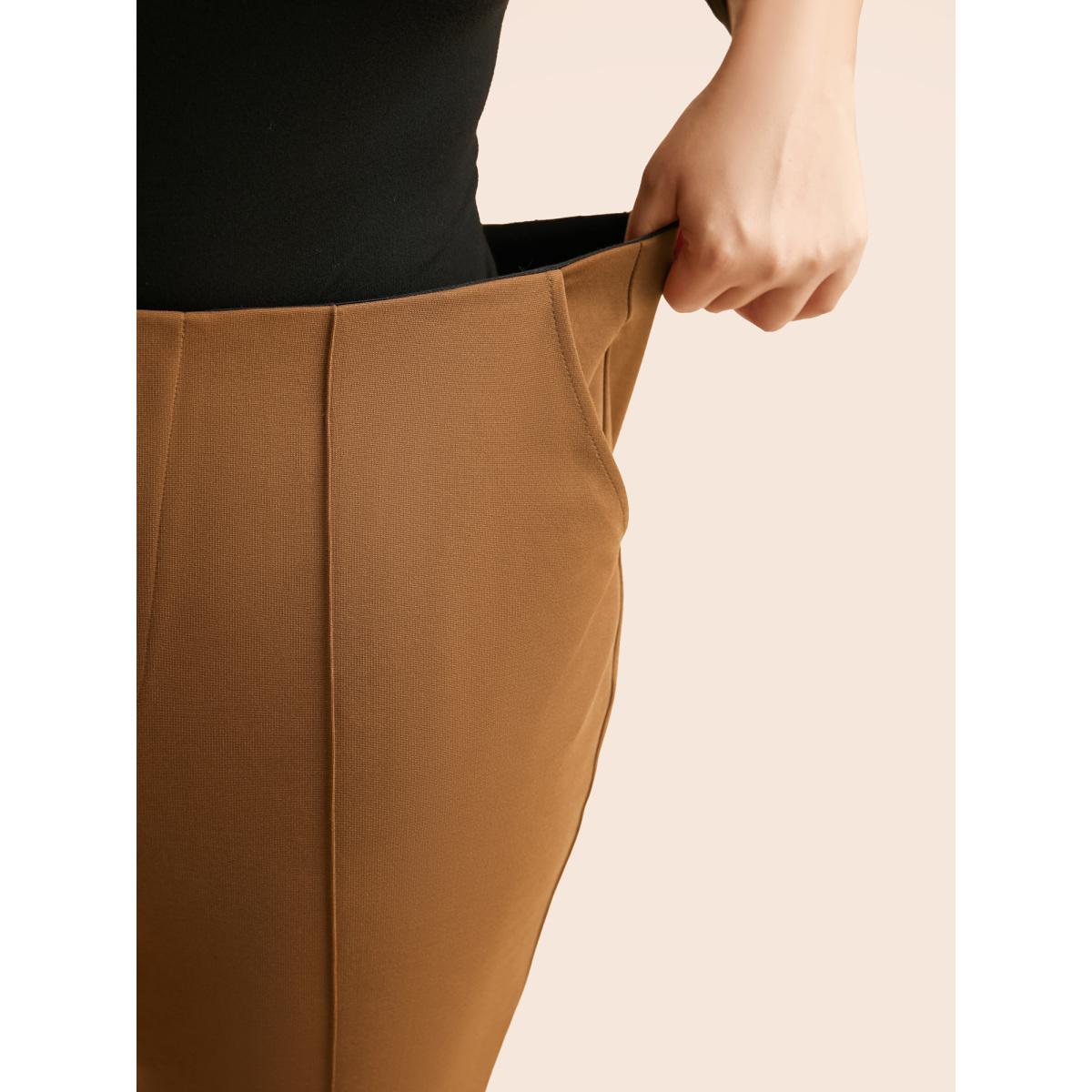 Plus Size Solid Seam Detail Flare Leg Pants Women Yellowishbrown Elegant Flare Leg Mid Rise Everyday Pants BloomChic 30/6X Product Image