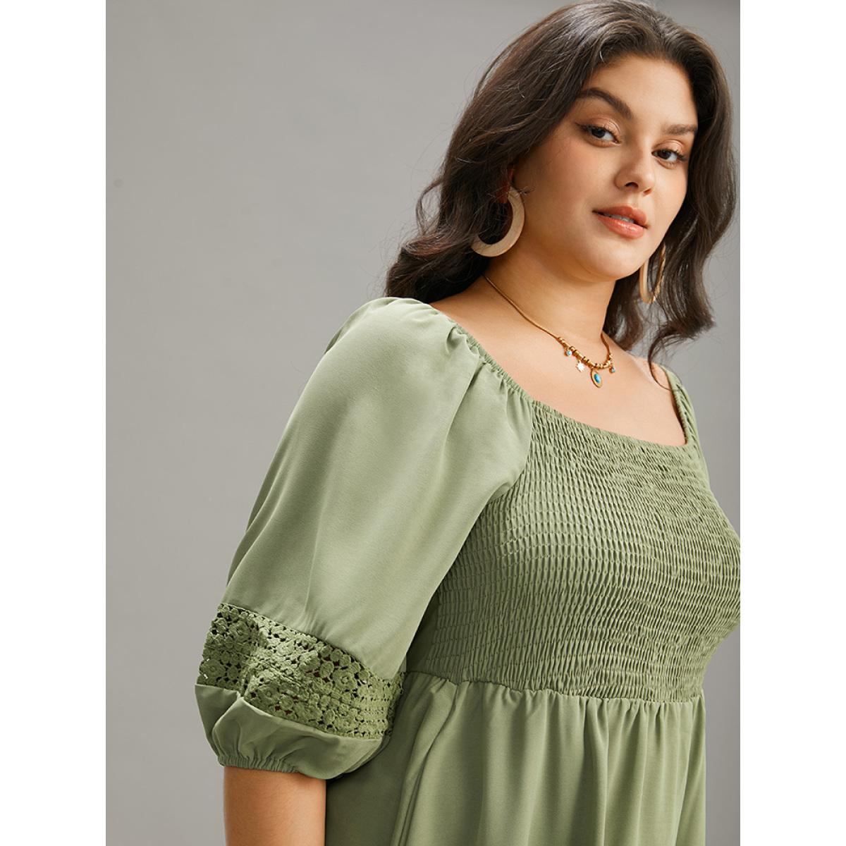 Plus Size Solid Shirred Square Neck Guipure Lace Dress Moss Women Vacation Elastic cuffs Square Neck Elbow-length sleeve Curvy Midi Dress BloomChic 22-24/3X Product Image