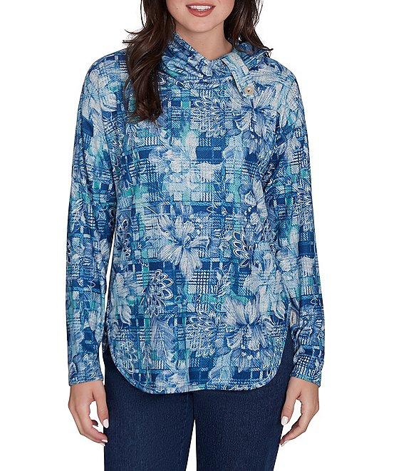 Ruby Rd. Knit Floral Plaid Cowl Neck Long Sleeve Top Product Image