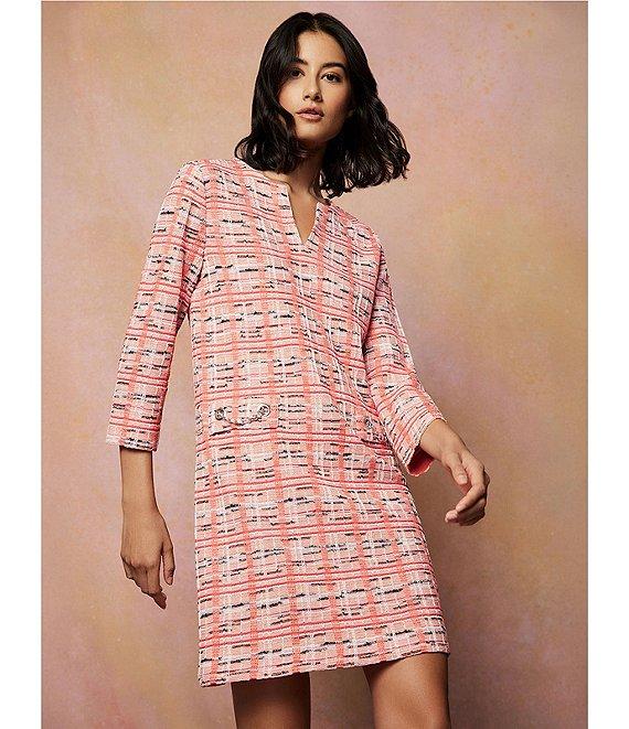 Ming Wang Multi Plaid Split V-Neck 3/4 Sleeve Sheath Dress Product Image