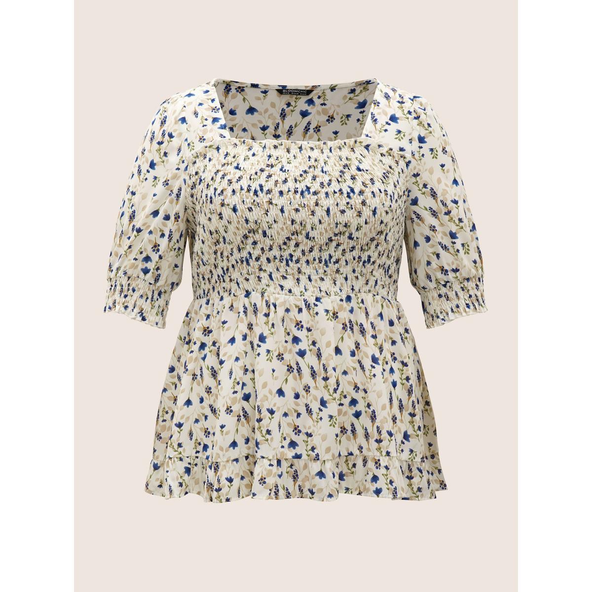 Plus Size Ivory Ditsy Floral Ruffles Shirred Puff Sleeve Blouse Women Elegant Half Sleeve Square Neck Everyday Blouses BloomChic 18-20/2X Product Image