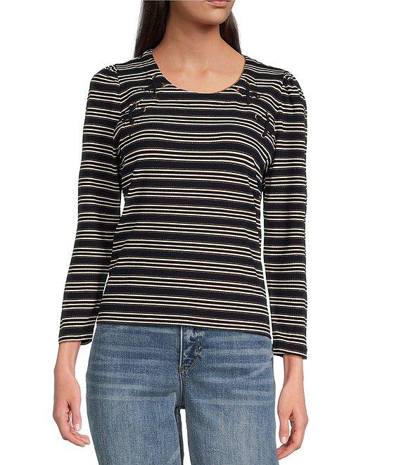 Democracy Knit Stripe Lace up Yoke Detail Scoop Neck 3/4 Sleeve Top Product Image
