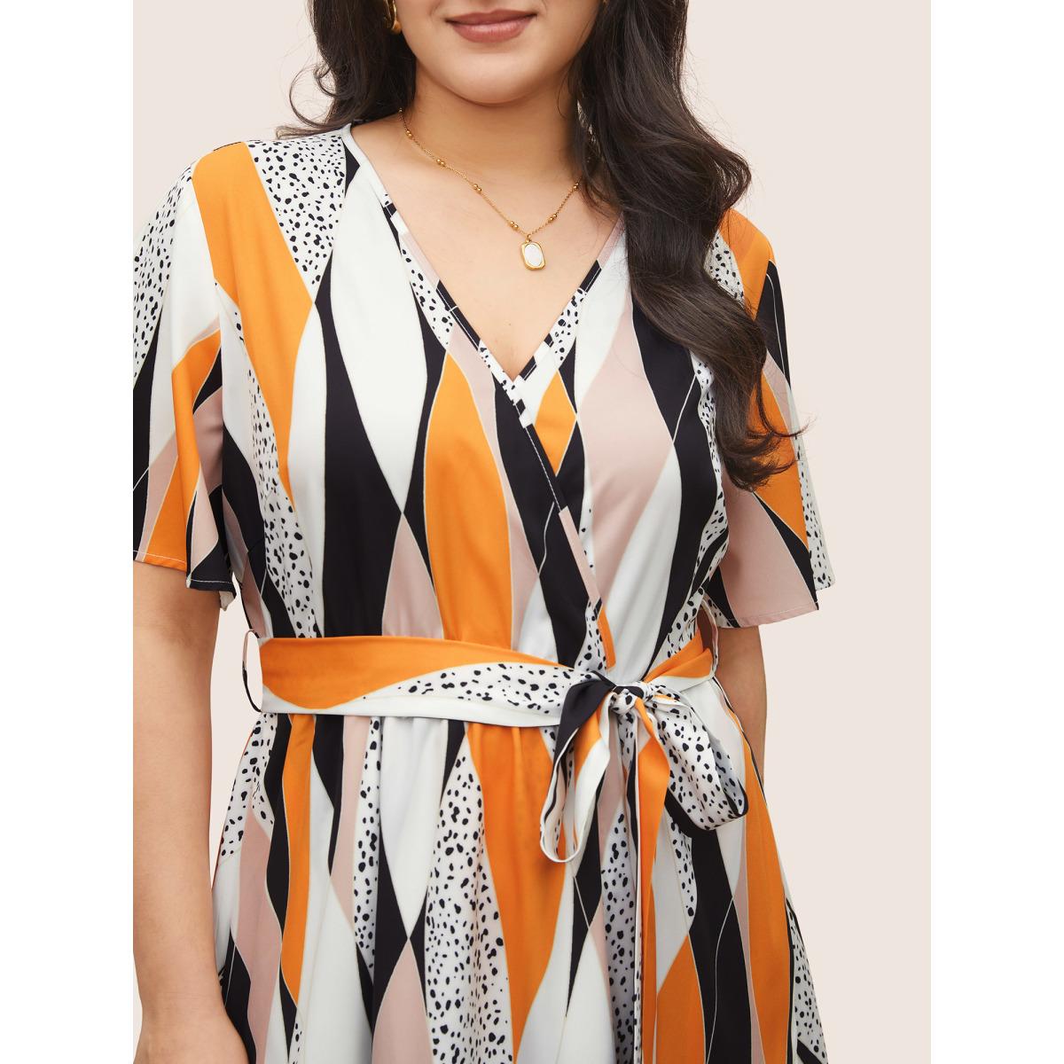 Plus Size Geometric Contrast Overlap Collar Belted Ruffle Sleeve Dress Multicolor Women At the Office Overlapping Overlap Collar Short sleeve Curvy Midi Dress BloomChic 10/M Product Image