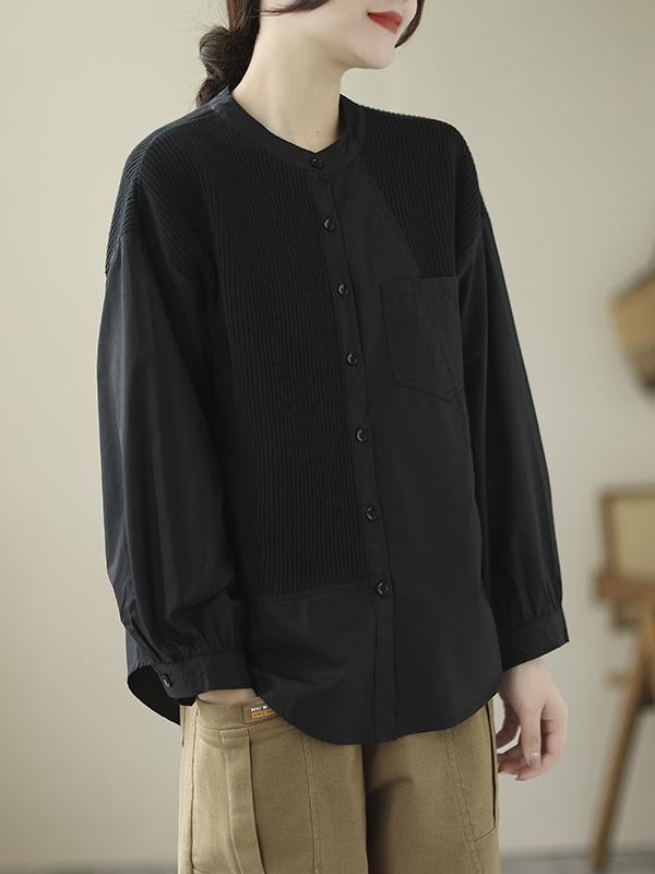 Long Sleeves Loose Asymmetric Buttoned Pockets Split-Joint Round-Neck Blouses&Shirts Tops Product Image