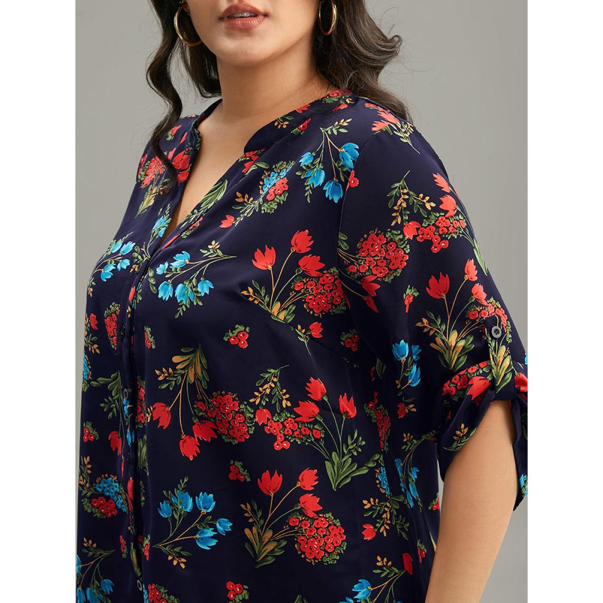 Plus Size Indigo Floral Print Notched Tab Sleeve Blouse Women Elegant Long Sleeve V-neck Dailywear Blouses BloomChic 10/M Product Image