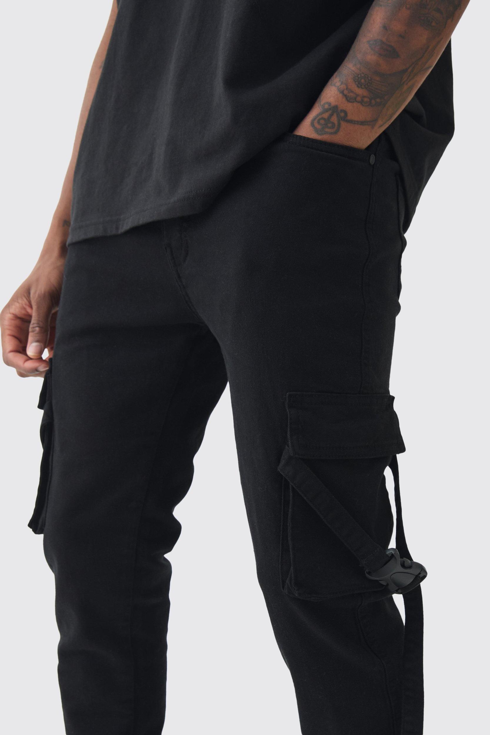 Tall Skinny Overdyed Strap Detail Cargo Pants In Black | boohooMAN USA Product Image