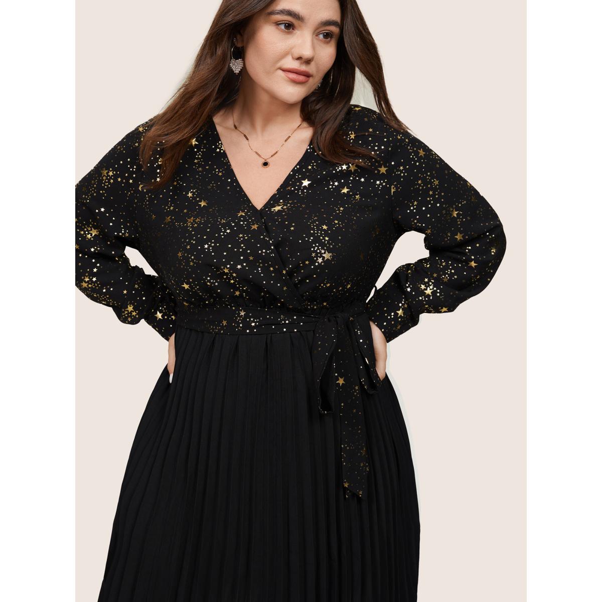 Plus Size Star Glitter Belted Pleated Wrap Dress Black Women Cocktail Belted V-neck Long Sleeve Curvy Midi Dress BloomChic 22-24/3X Product Image