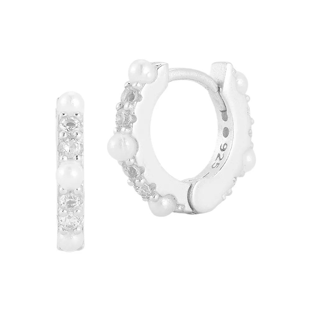 Sunkissed Sterling Sterling Silver Cubic Zirconia and Cultured Pearl Huggie Earrings, Women's, Silver Tone Product Image