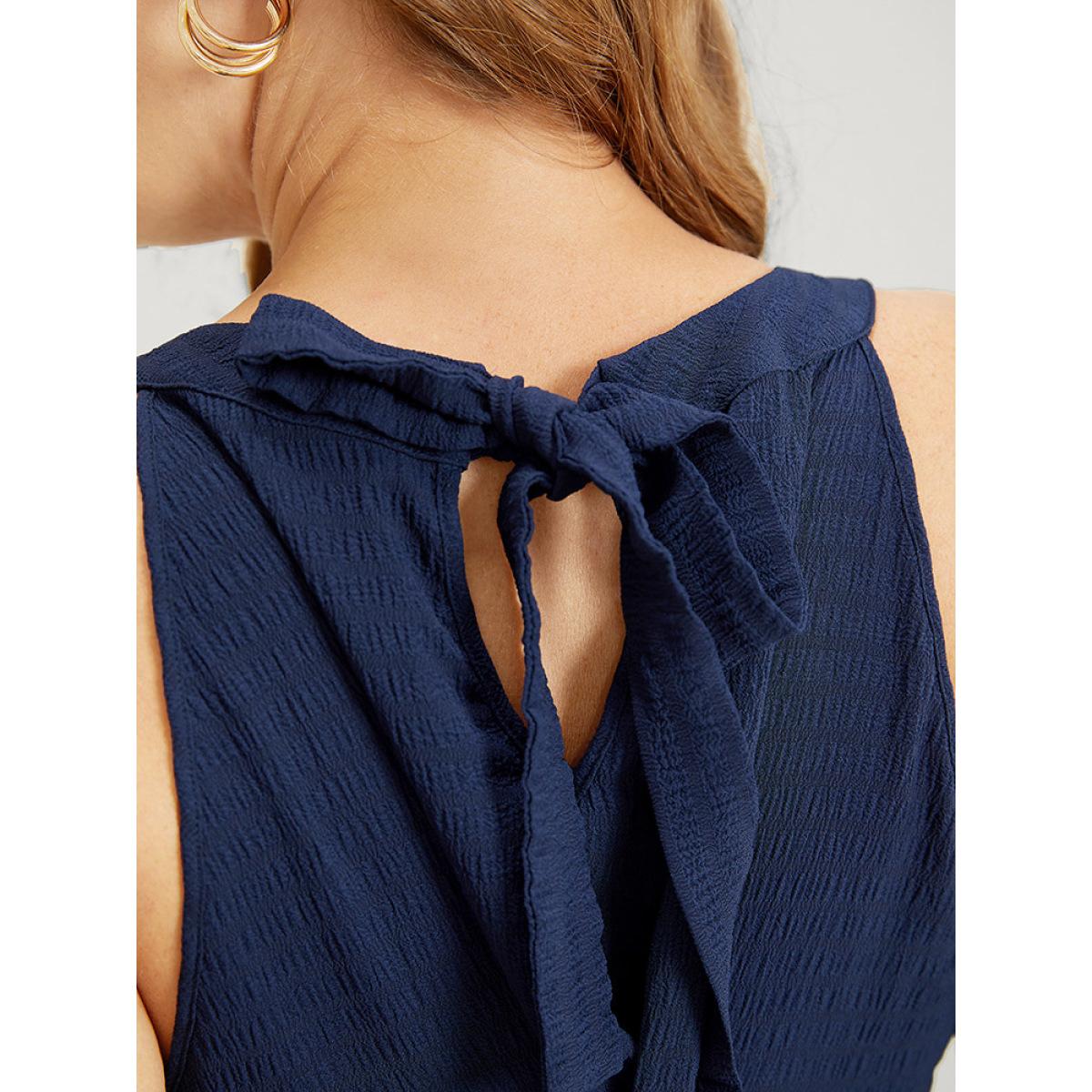 Plus Size Solid Knot Halter Pocket Belted Ruffles Tiered Hem Dress Indigo Women Elegant Gathered Halter neck Sleeveless Curvy Knee Dress BloomChic 12/L Product Image