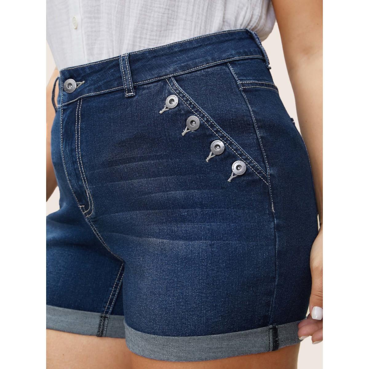 Plus Size Dark Wash Button Detail Roll Hem Denim Shorts Women Indigo Non High stretch Everyday Slanted pocket Elegant Denim Shorts BloomChic 16/1X Product Image