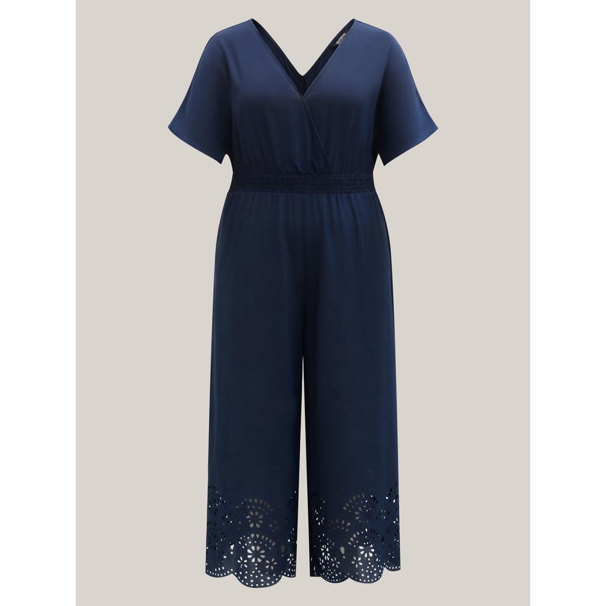 Plus Size Navy Laser-Cut Hem Shirred Wide-Leg Jumpsuit Women Romantic Short sleeve V-neck Elegant Loose Jumpsuits BloomChic 22-24/3X Product Image