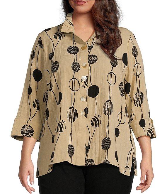 Ali Miles Plus Size Printed Woven Crinkle Wire Collar 3/4 Sleeve Button Front Tunic Product Image