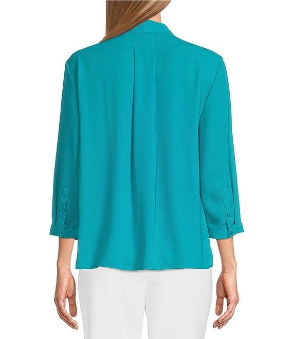 Investments Petite Size Caroline Signature V-Neck 3/4 Sleeve Button Front Blouse Product Image