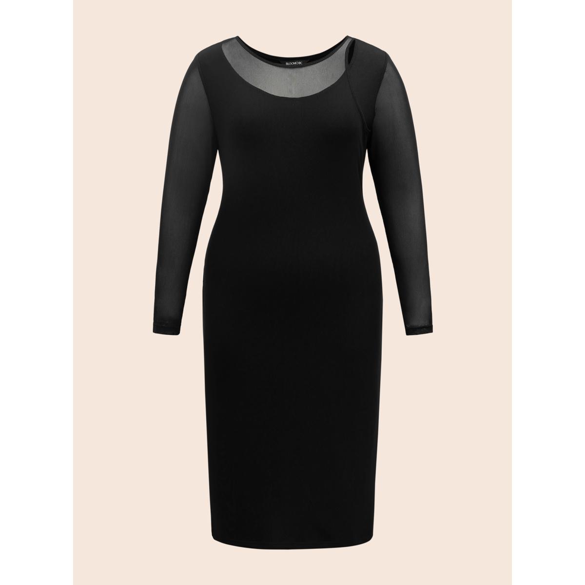 Plus Size Crew Neck Patchwork Mesh Split Hem Dress Black Women Elegant See through Round Neck Long Sleeve Curvy BloomChic 22-24/3X Product Image