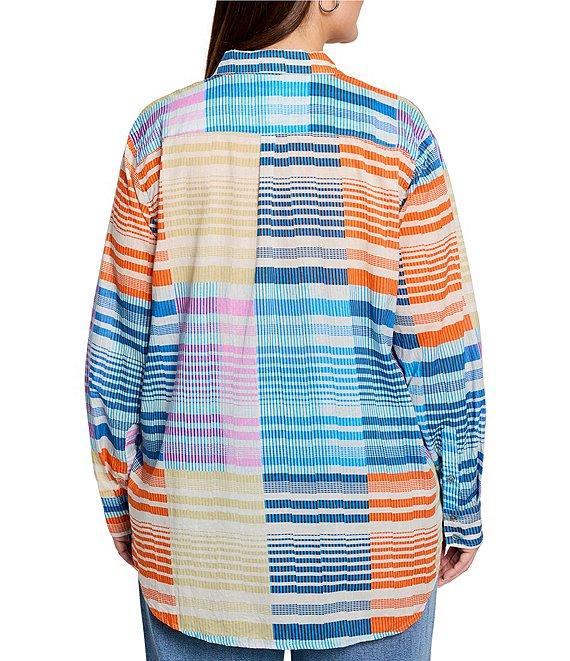 NIC + ZOE Plus Size Sunset Stripe Point Collar Long Sleeve Boyfriend Shirt Product Image