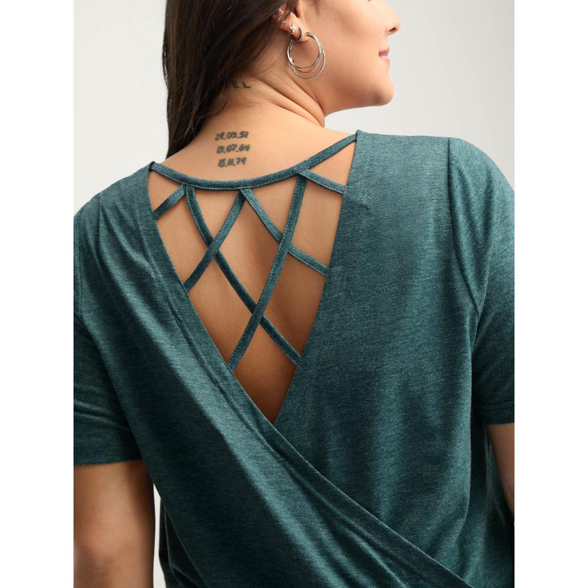 Plus Size Backless Crisscross Solid T-Shirt DarkGreen Women Leisure Overlapping Round Neck Casual T-shirts BloomChic 18-20/2X Product Image