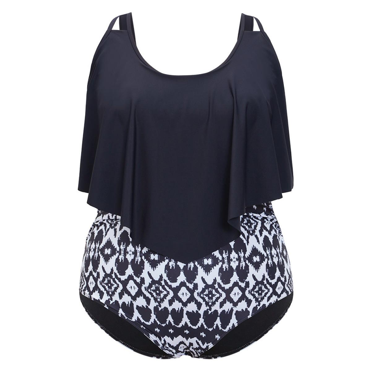 Plus Size Geometric Patchwork Ruffle Trim One Piece Swimsuit Women's Swimwear Black Vacation Adjustable Straps Curve Bathing Suits High stretch One Pieces BloomChic 26/4X Product Image