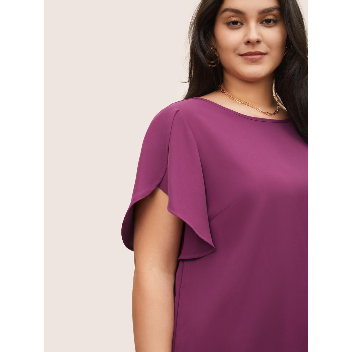 Plus Size Purple Plain Lace Insert Petal Sleeve Blouse Women Elegant Short sleeve Round Neck Everyday Blouses BloomChic 18-20/2X Product Image