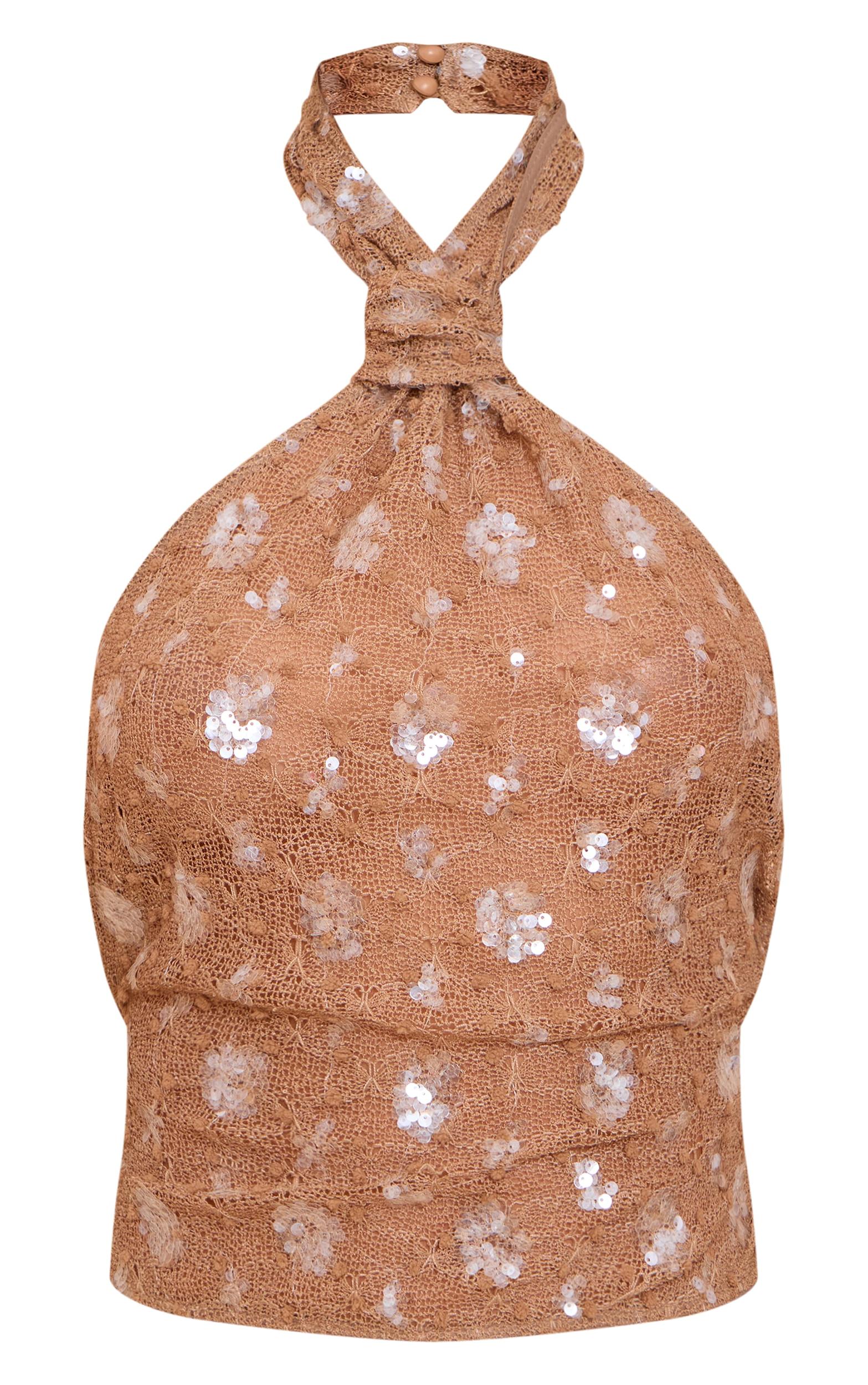 Brown Sequin Textured Halterneck Product Image