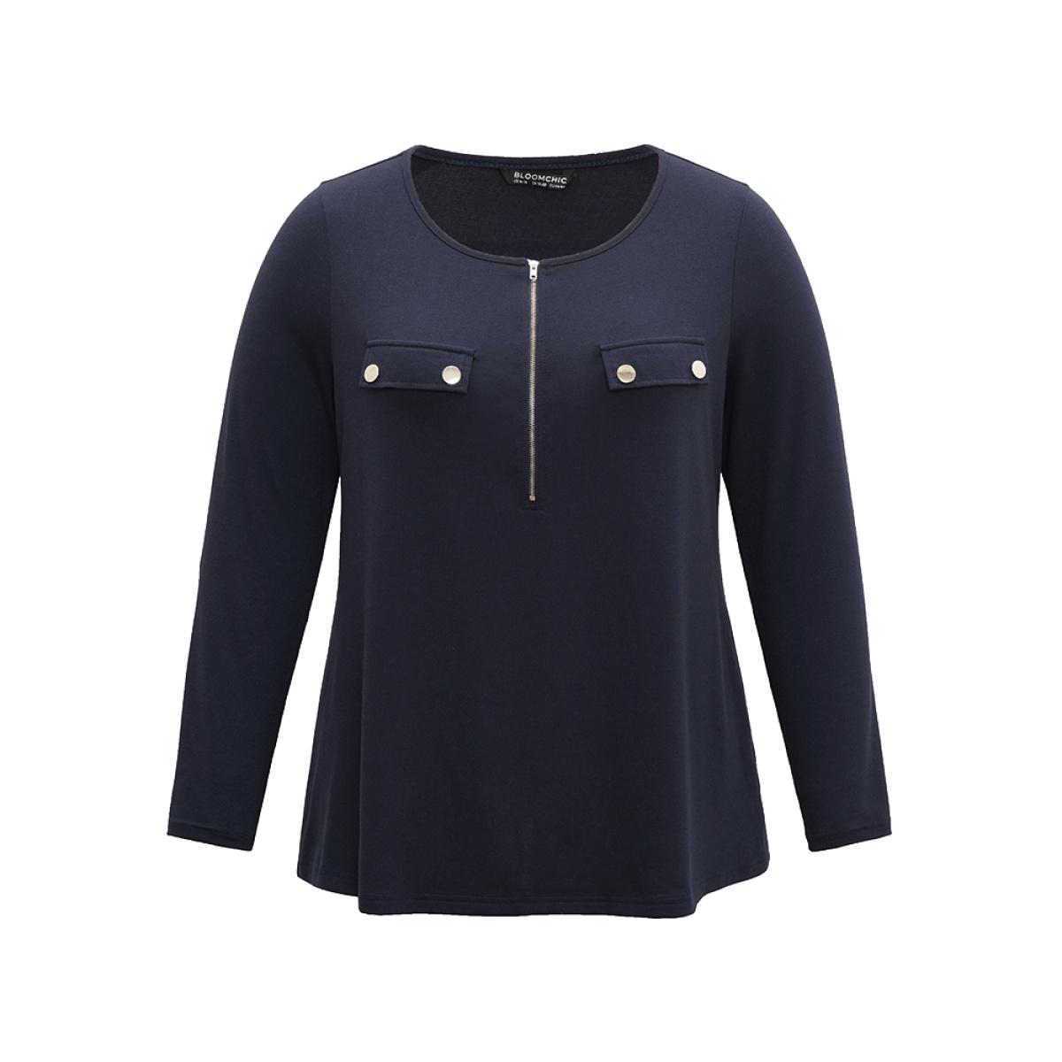 Plus Size Plain Half Zip Button Detail T-shirt Midnight Women Casual Plain Plain Open Front Everyday T-shirts BloomChic 14-16/1X Product Image