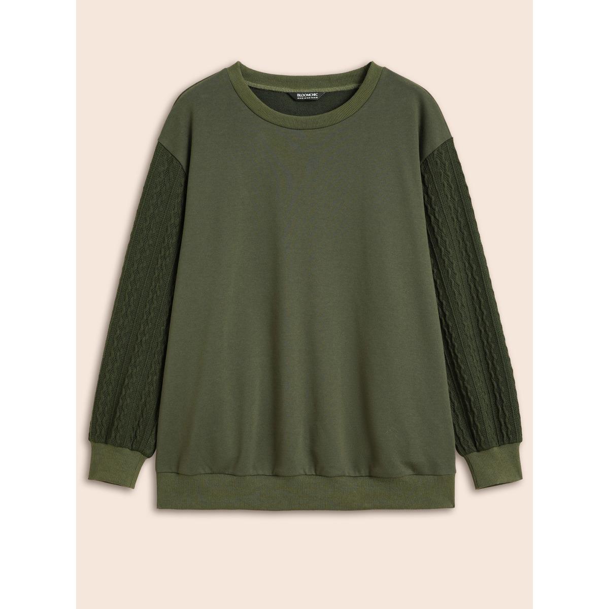 Plus Size Texture Patchwork Drop Shoulder Sleeve Sweatshirt Women DarkGreen Casual Texture Round Neck Everyday Sweatshirts BloomChic 12/L Product Image