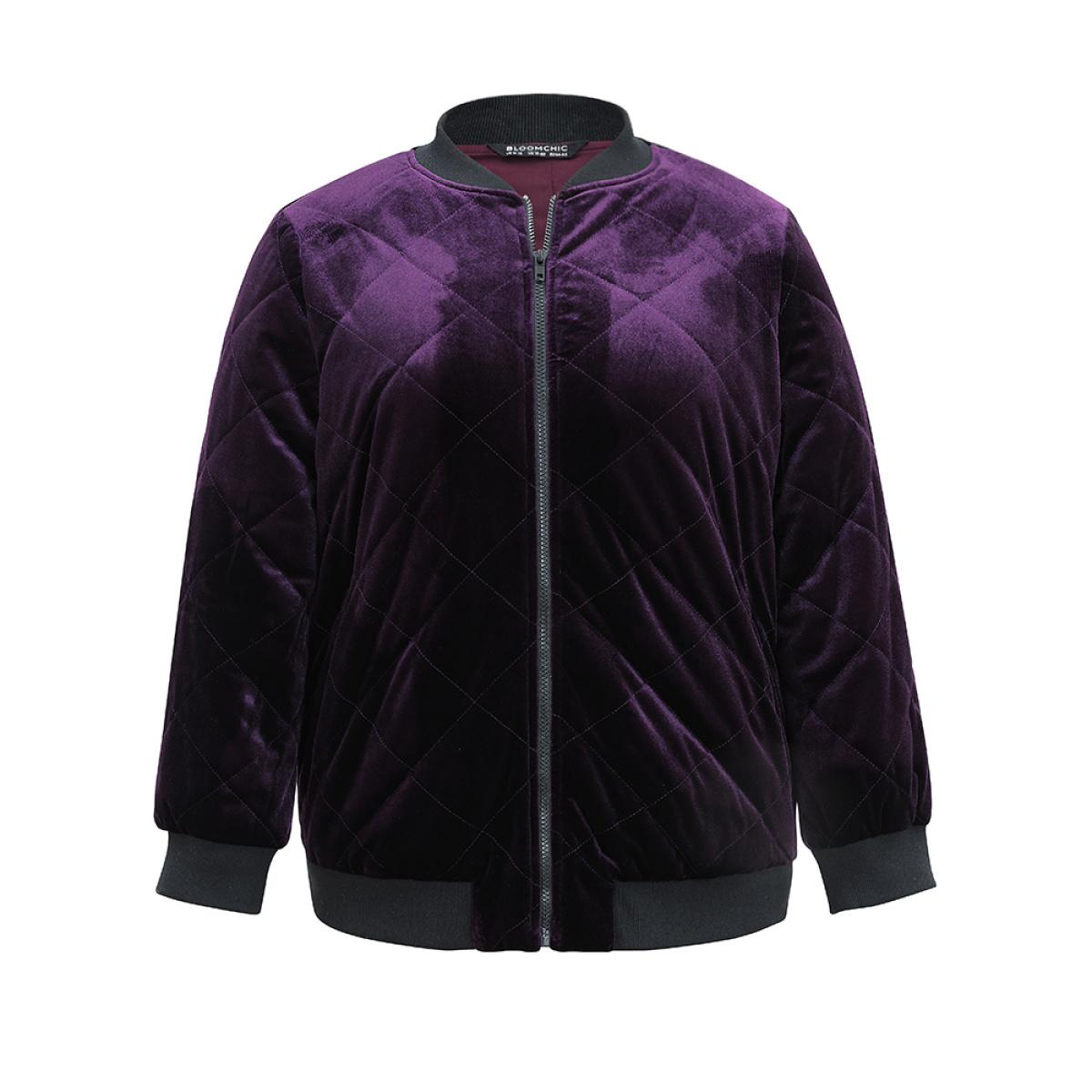 Plus Size Velvet Zipper Fly Pocket Quilted Padded Jacket Women Eggplant Velvet Pocket Dailywear Jackets BloomChic 18-20/2X Product Image