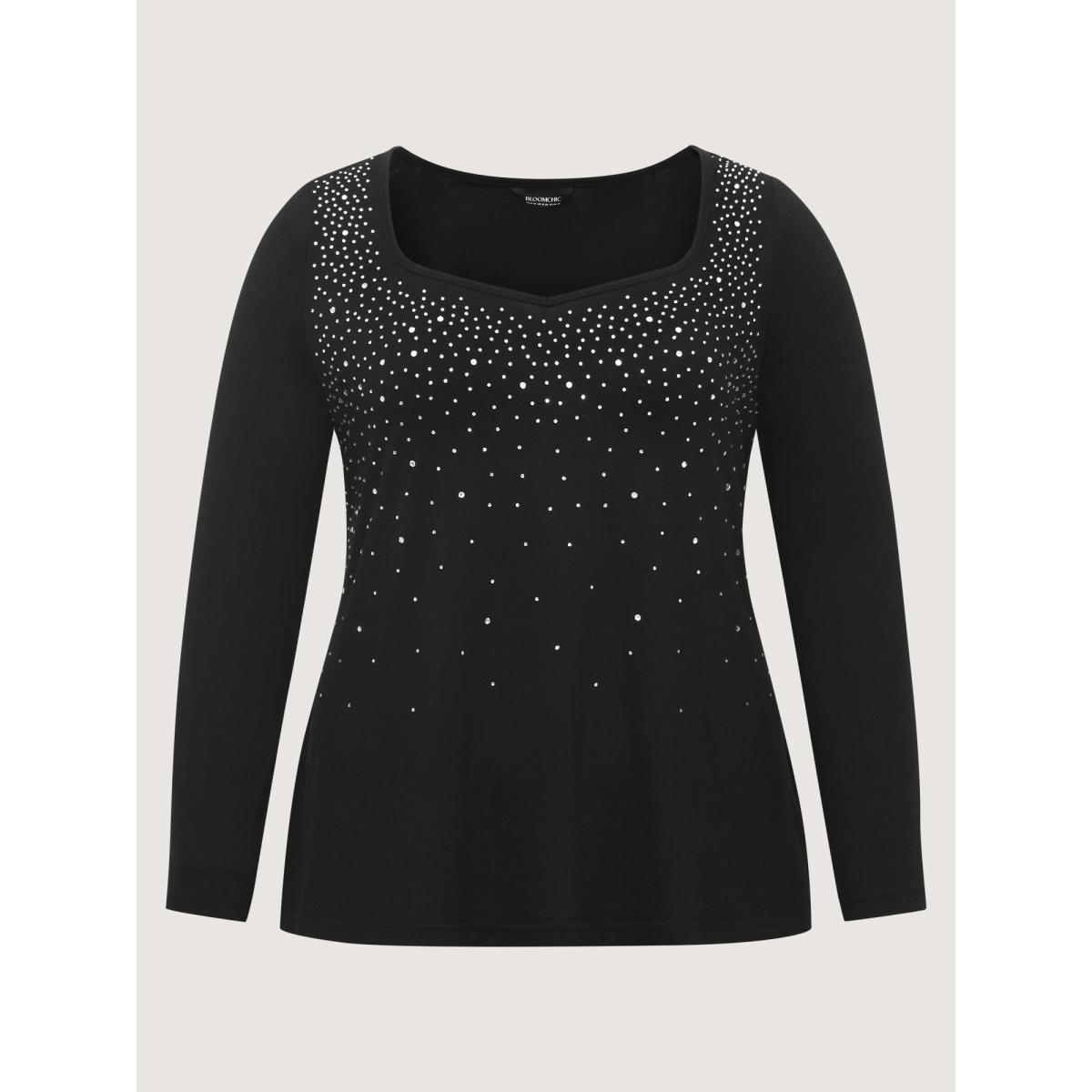 Plus Size Sequin Stretchy Long Sleeve T-shirt Black Women Timeless Rhinestone detailing Heart neckline Elegant T-shirts BloomChic 22-24/3X Product Image