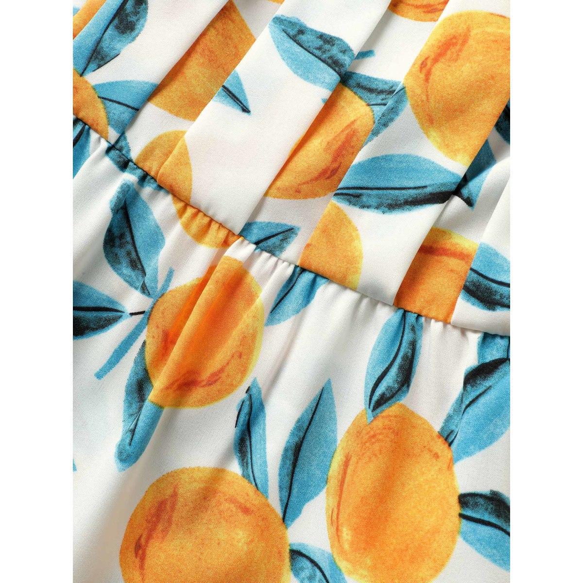 Plus Size Ivory Citrus Square Neck Orange Print Pleated Blouse Women Elegant Short sleeve Square Neck Everyday Blouses BloomChic 12/L Product Image