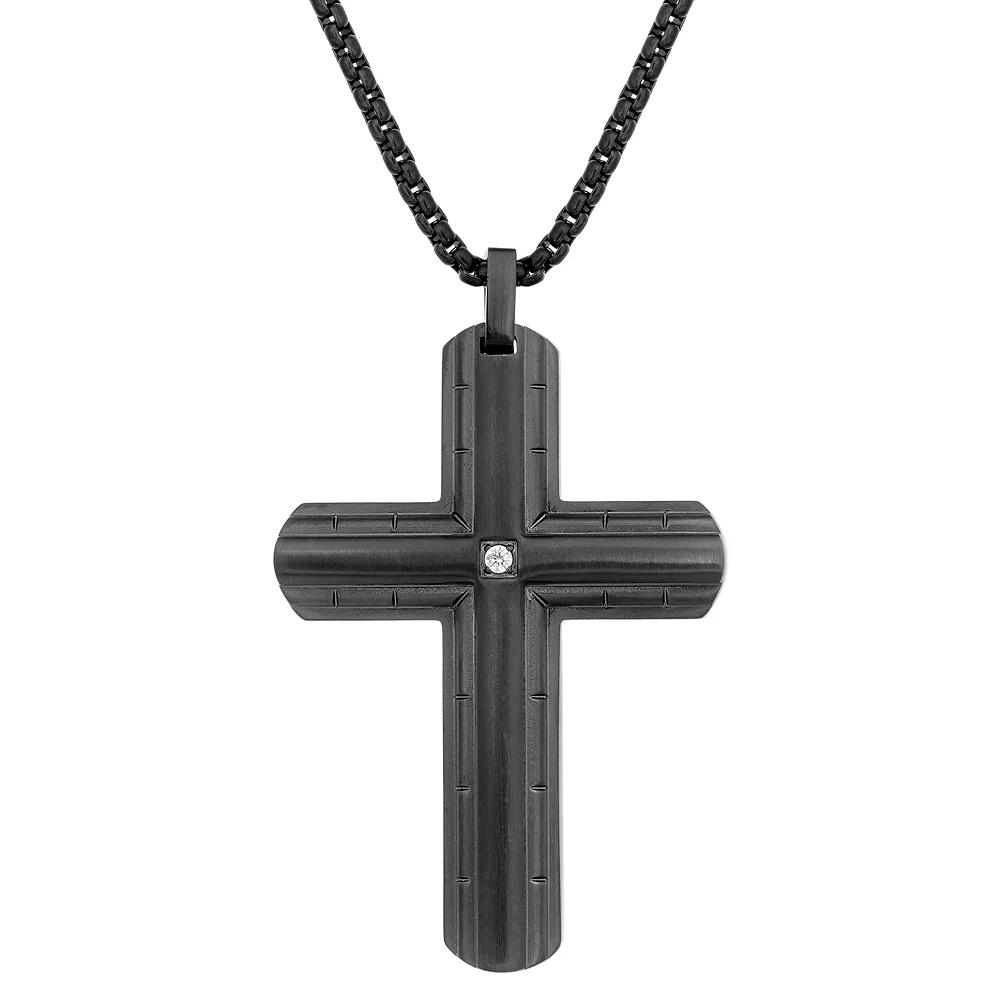 LYNX Men's Stainless Steel Diamond Accent Cross Pendant, Size: 24", Black Product Image