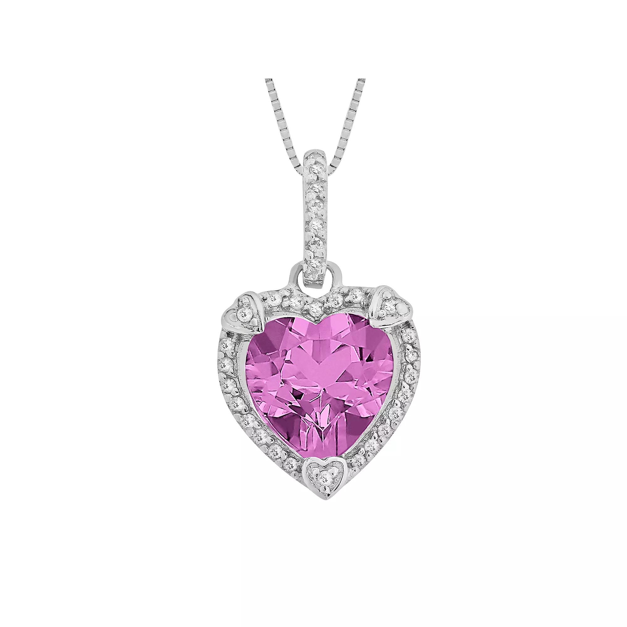 Gemminded Sterling Silver Lab-Created Pink Sapphire and Diamond Accent Heart Frame Pendant, Women's,  Product Image
