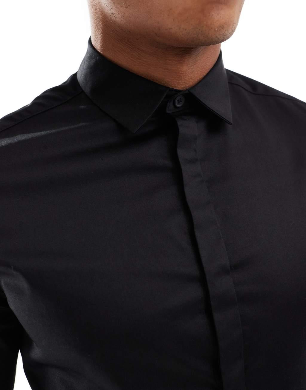ASOS DESIGN slim fit sateen shirt in black  | ASOS Product Image
