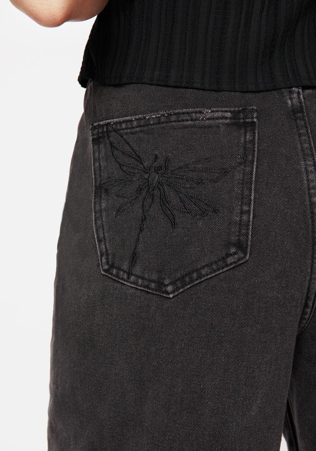 Dragonfly Embroidered Wide Leg Denim Culotte Jeans Product Image