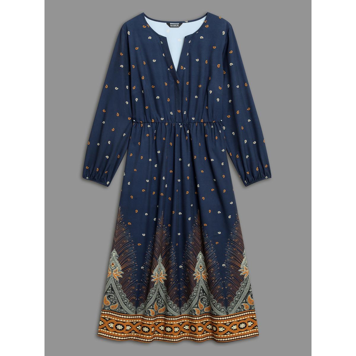 Plus Size Notched Collar Boho Print Contrast Dress Navy Women Resort Non Flat collar with V-notch Long Sleeve Curvy BloomChic 28/5X Product Image