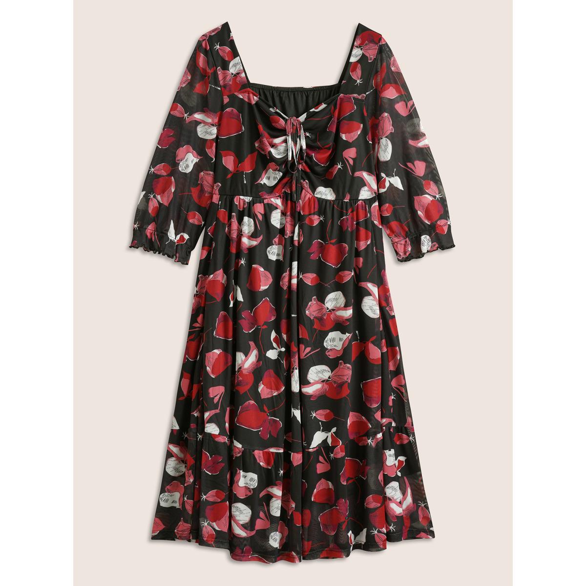 Plus Size Floral Print Drawstring Mesh Ruched Dress Black Women Elegant Lined Square Neck Half Sleeve Curvy Midi Dress BloomChic 22-24/3X Product Image